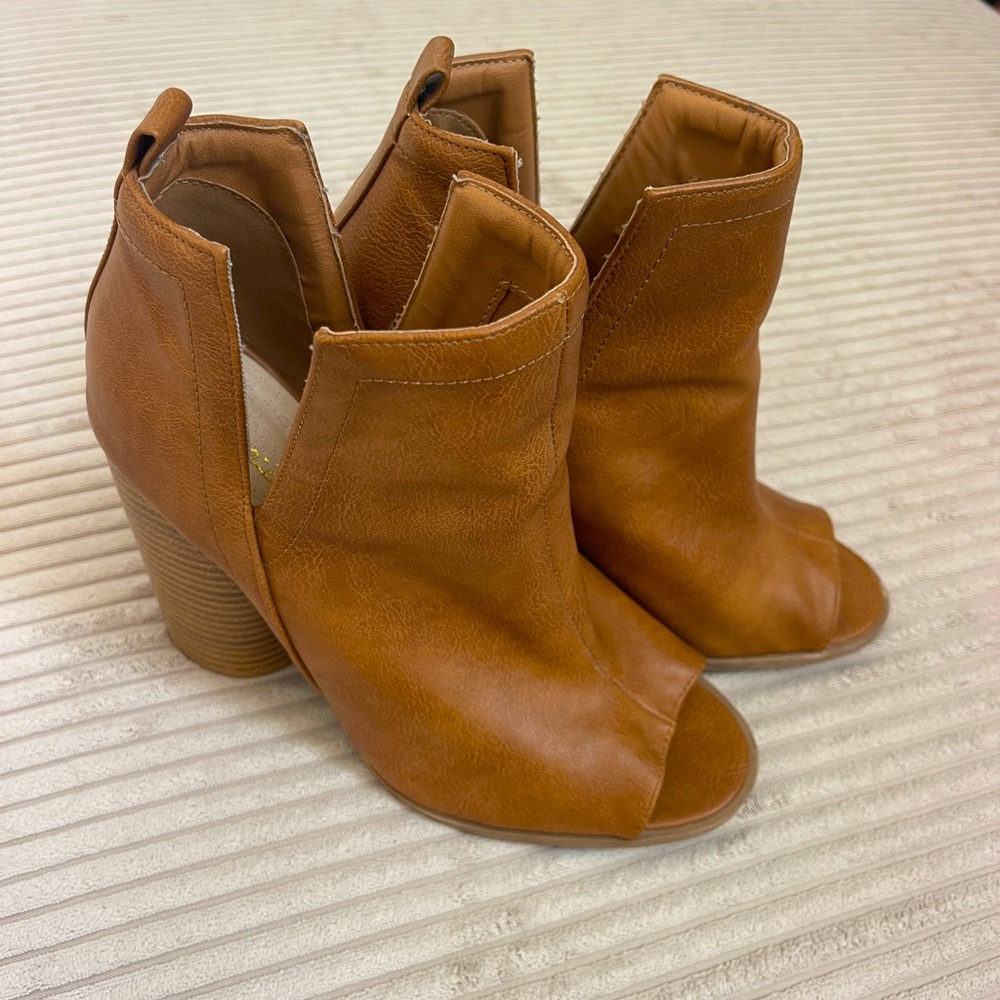 Southwest Boho Side Slit Slide Open Toe Booties Cognac Brown Tan